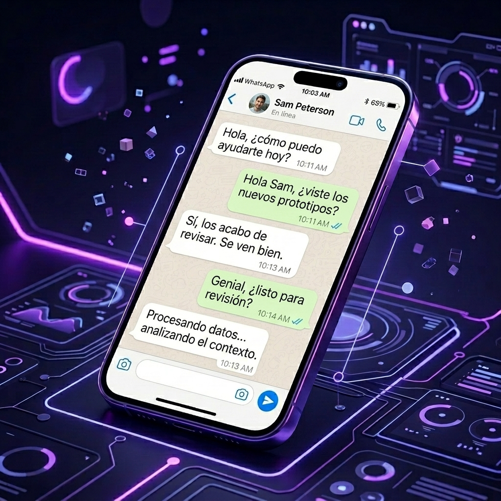 Celular mostrando chat de WhatsApp en español con respuestas del asesor de IA